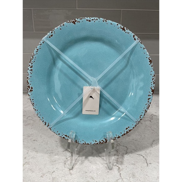 Set 4 DINNER PLATES 11” Plate Rustic Turquoise Blue Crackle Tommy Bahama Outdoor - Picture 1 of 7